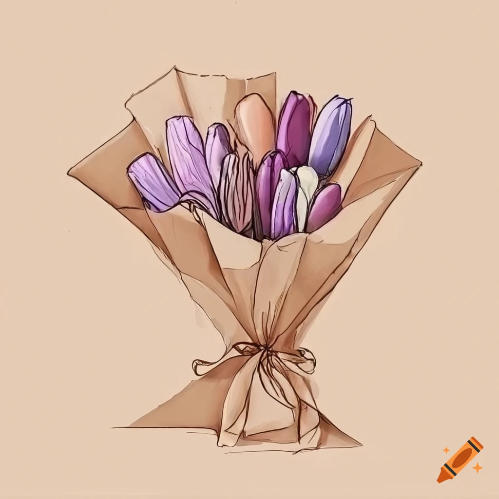 Bouquet of tulips wrapped in paper sketch