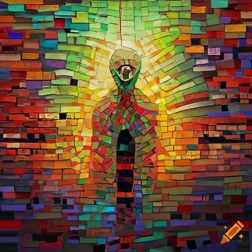 Colorful mosaic artwork inspired by Zdzisław Beksiński's style in a zoomed-out landscape view