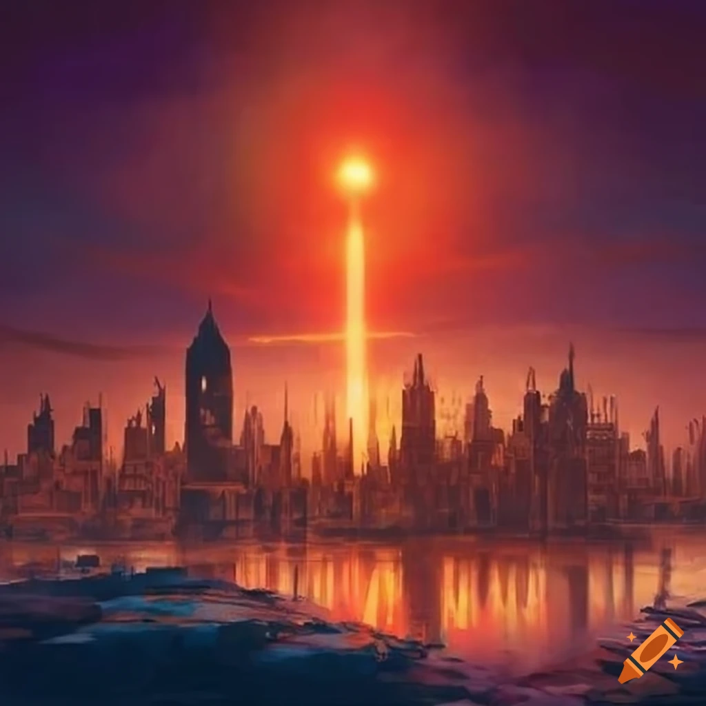 Detailed fantasy art of a golden city under a glowing red sun on Craiyon