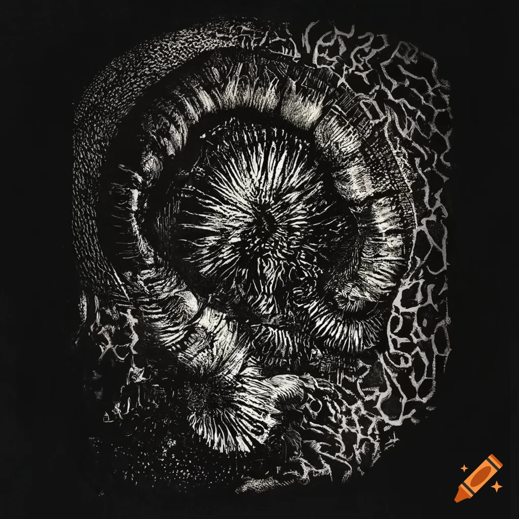 High-detail black and white etching of an electric maggot with screenprinting halftones