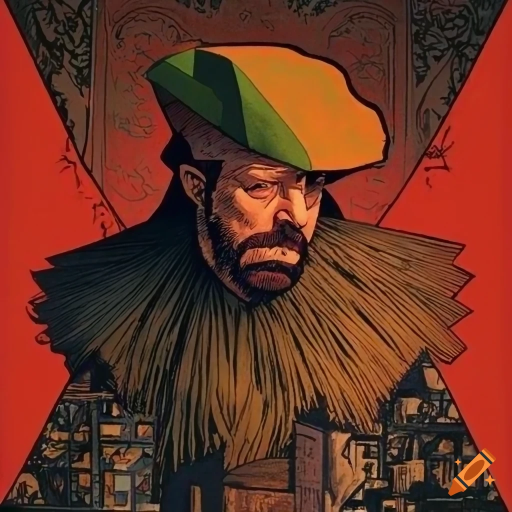 Lumberjack Villain in homage to Zatoichi with artistic blend from Gurney, Escher, Rockwell, Mucha, and Thaulow