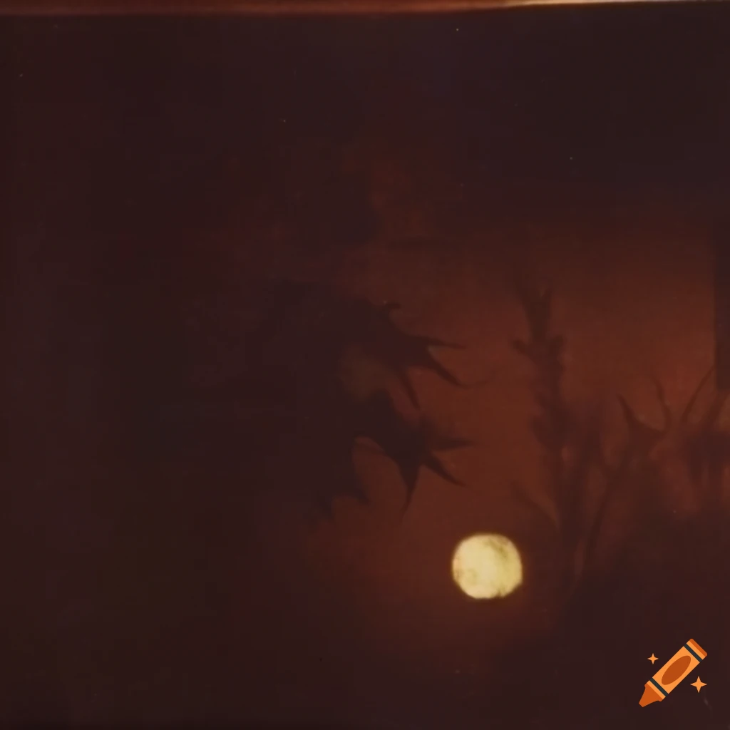 Grainy 70s polaroid photo of dark maple leaves silhouette at sunset