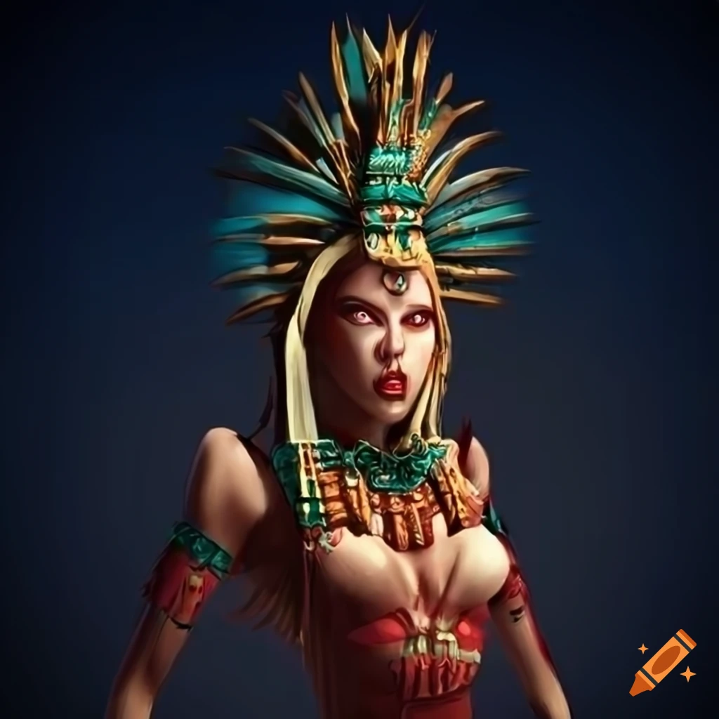 Art Deco Aztec Blood Witch Queen in Pixar style