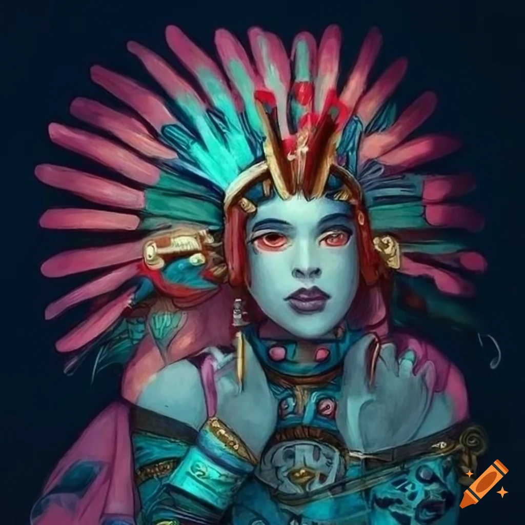 Neobrutalist Aztec Shark Priestess inspired by Ukiyo-e