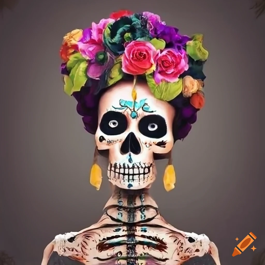 Two skeletons dancing in the style of Frida Kahlo for Day of the Dead