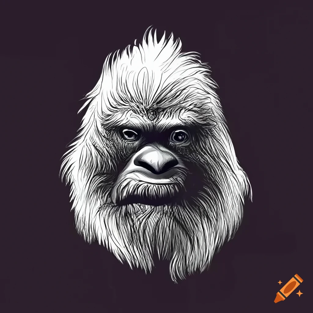 Detailed black and white vector illustration of hairy bigfoot