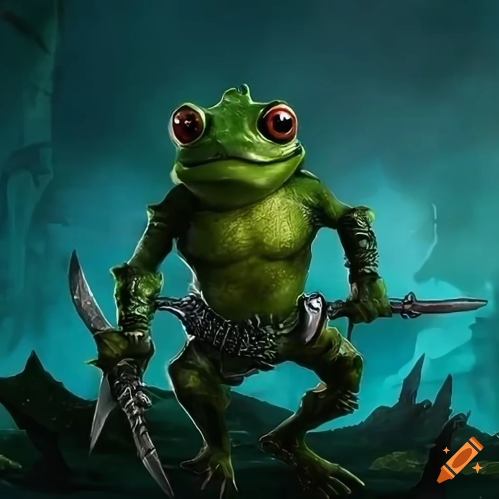 Epic fantasy scene of a frog army wielding swords