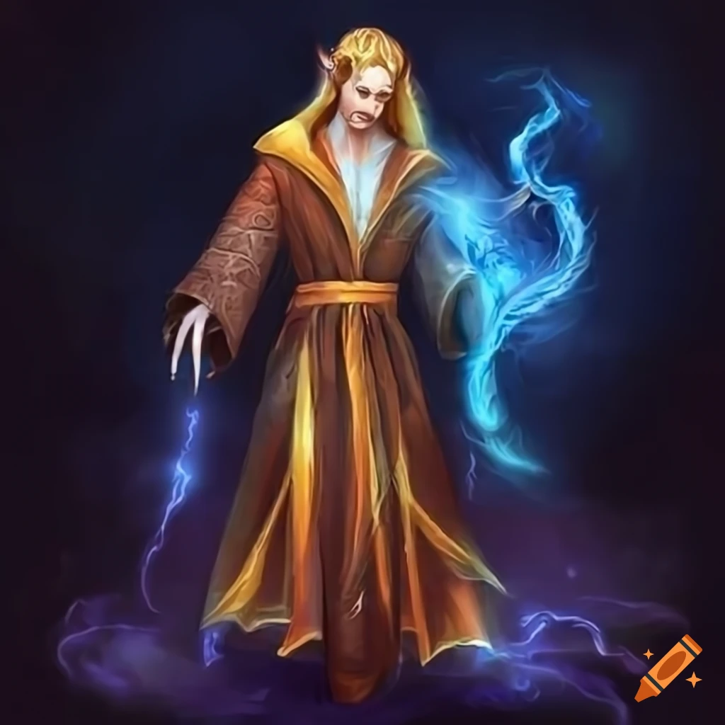 Male elven wizard conjuring whirlwind of magical energies