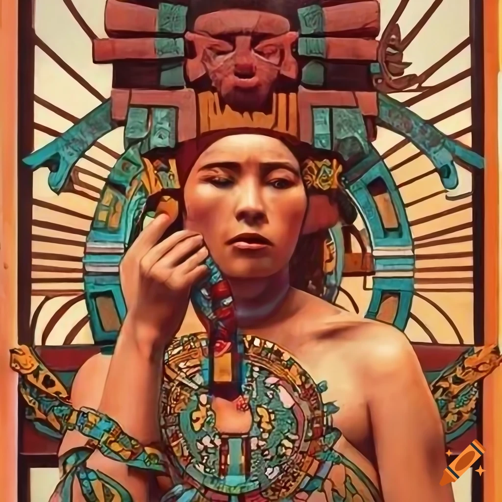 Vibrant movie poster with Aztec Stave carvings inspired by artists like Gurney, Rockwell, Mucha, Thaulow