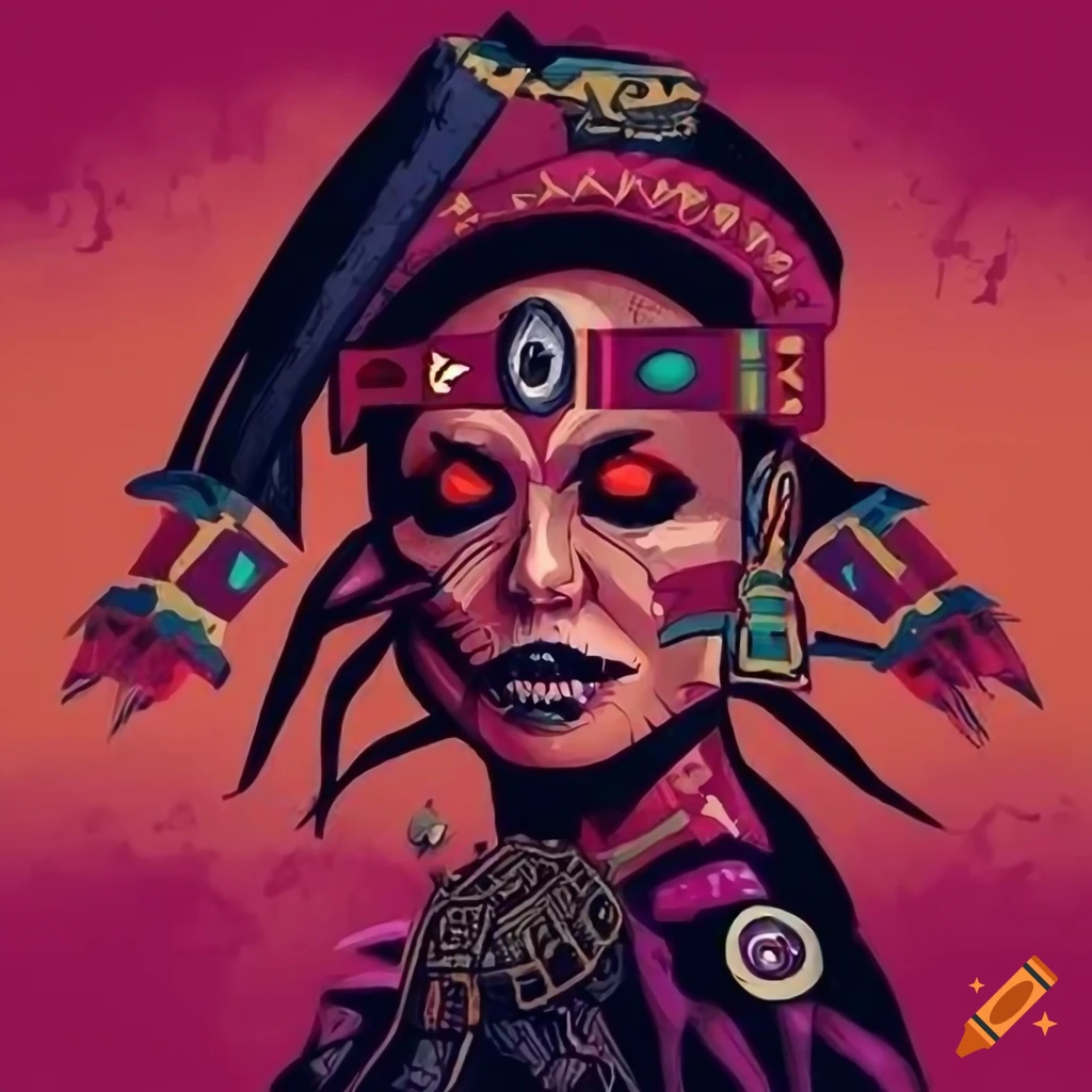 Neobrutalist Aztec Blood Witch Vector Art with Diesel Punk inspiration
