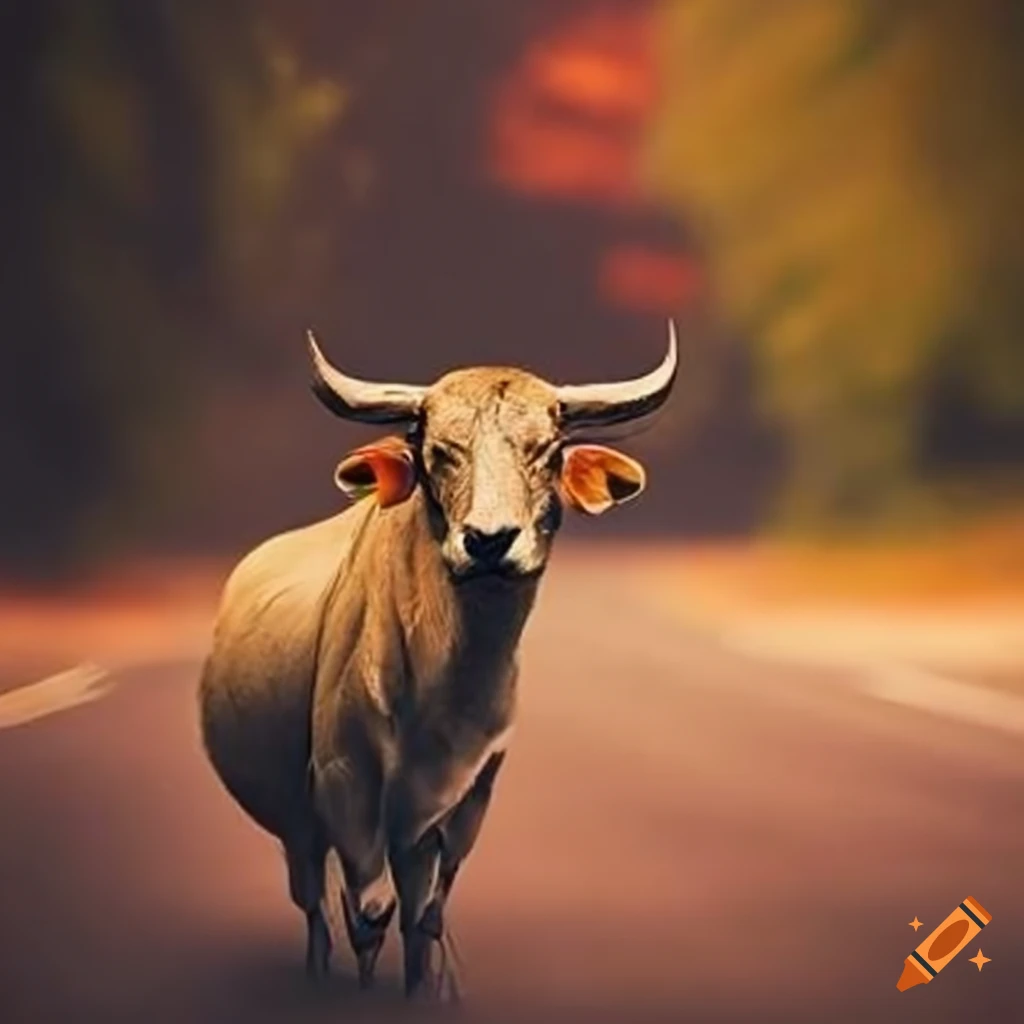 Animal bull on an asphalt road with a landscape in the background