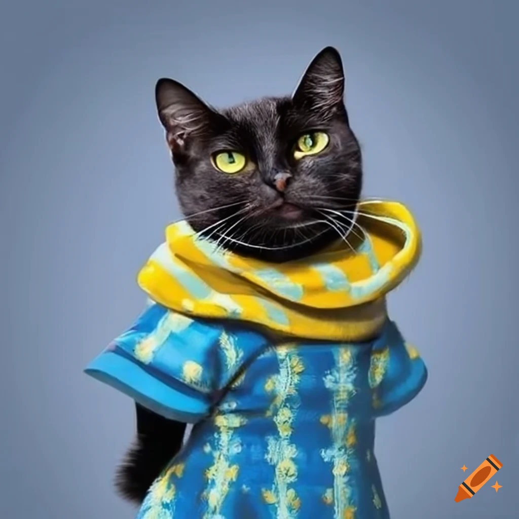 Black cat person going to sleep in yellow and blue dress
