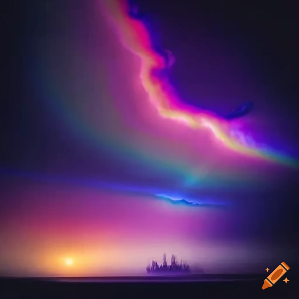 Rainbow spectrum lightning storm in outer space at night