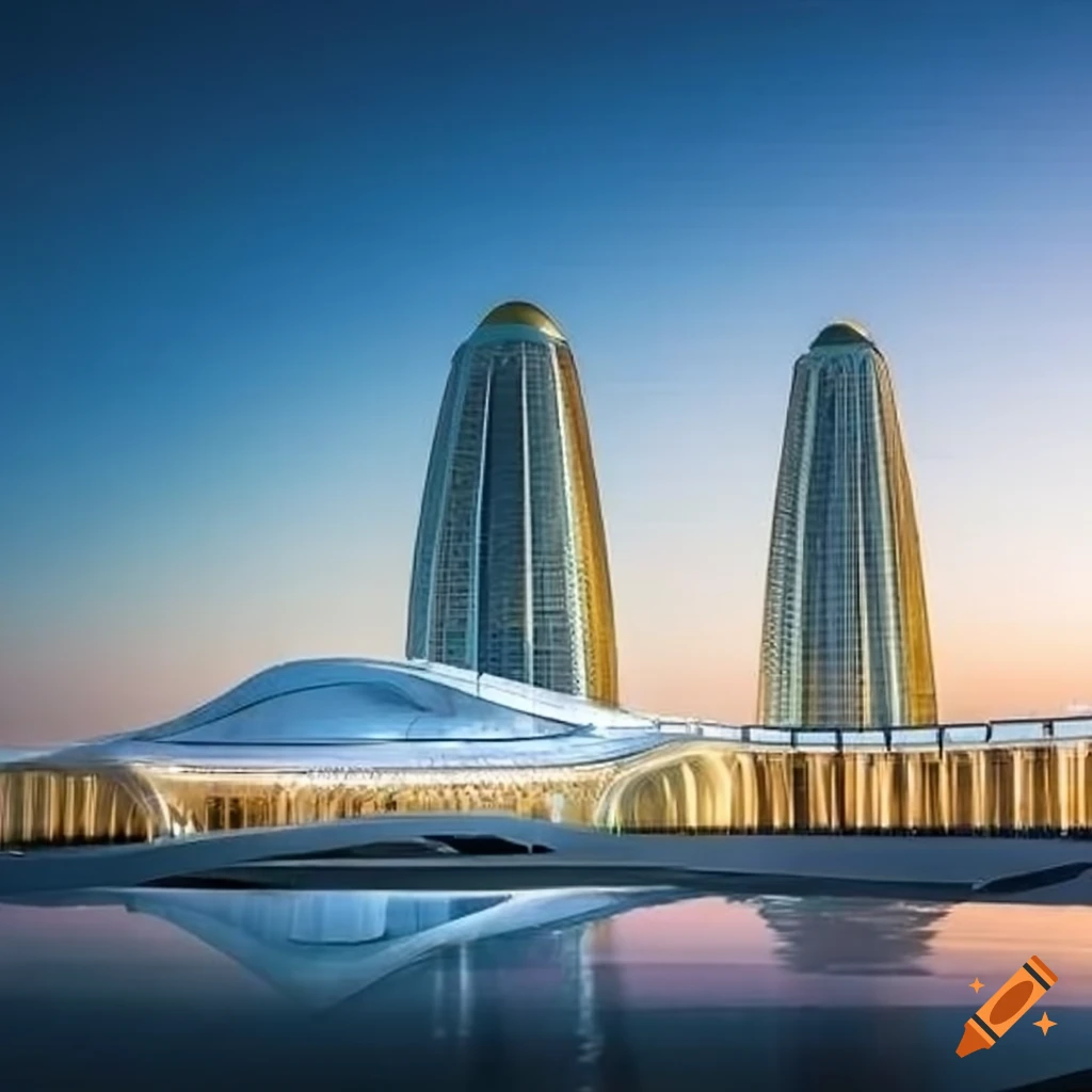Ashgabat city with Zaha Hadid style skyscape and white marble cladding