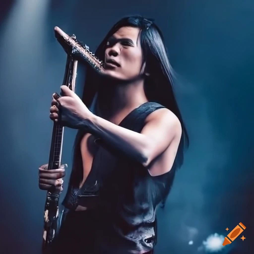 Asian male rock bass player performing on stage
