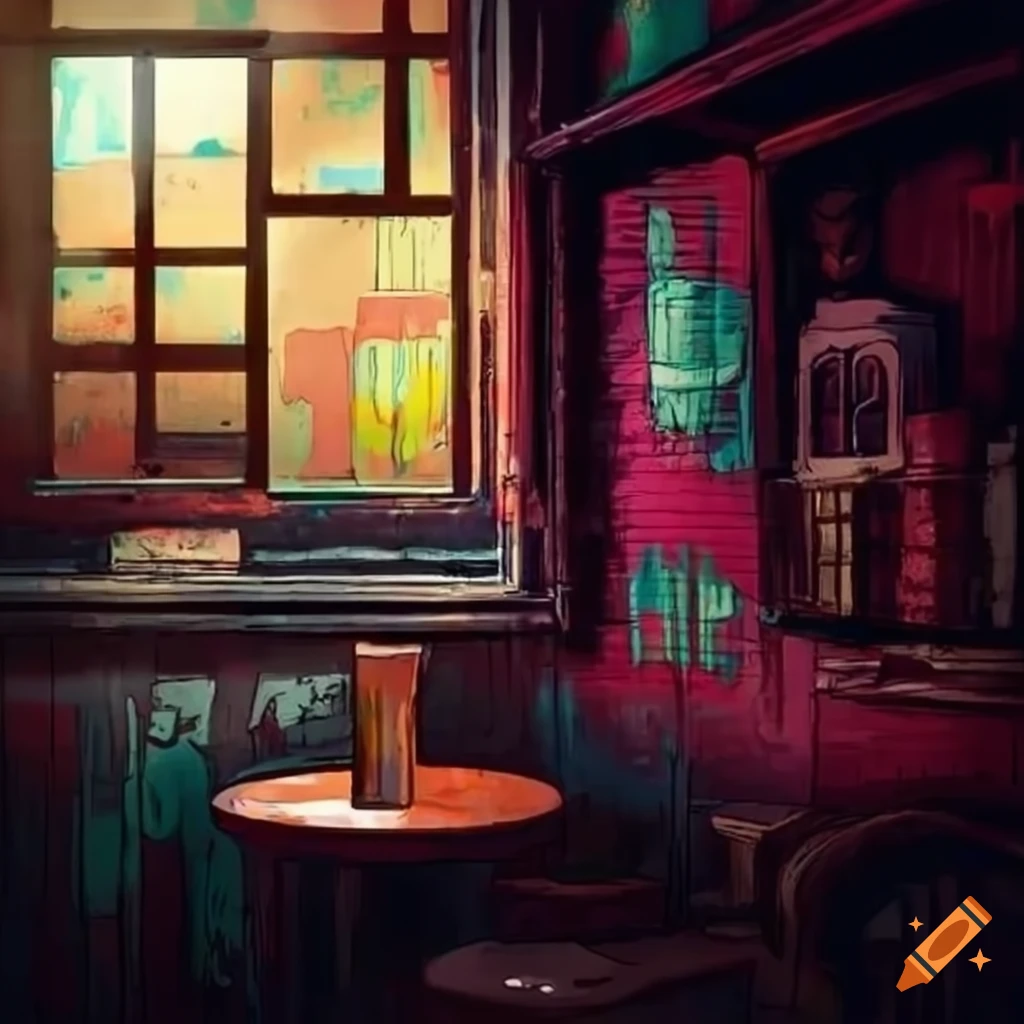 Interior of a run-down pub with graffiti in graphic novel style