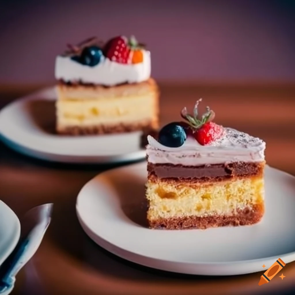 Three different pieces of cake on separate plates in a restaurant