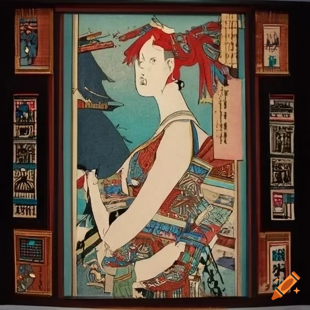 Abstract art of a shark priestess in neobrutalist Ukiyo-e style