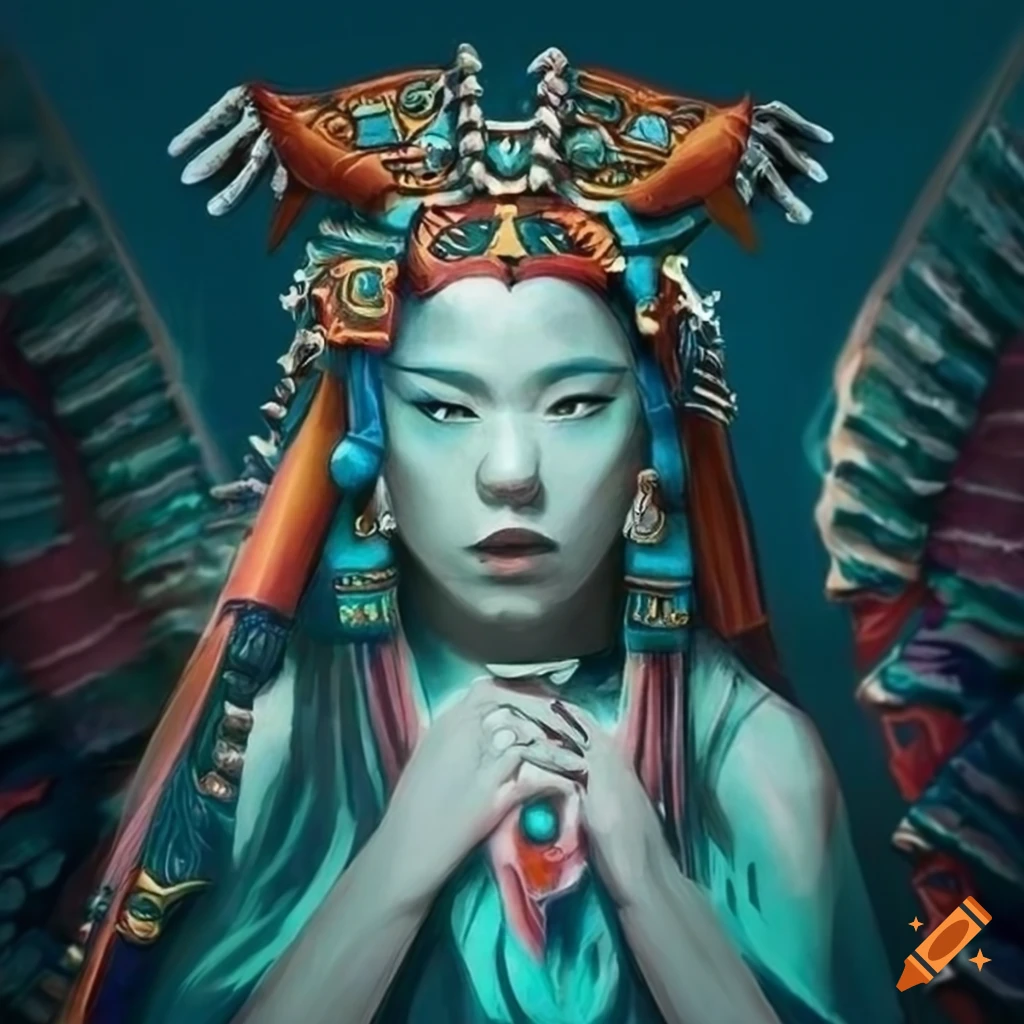 Neobrutalist Aztec Shark Priestess inspired by Ukiyo-e