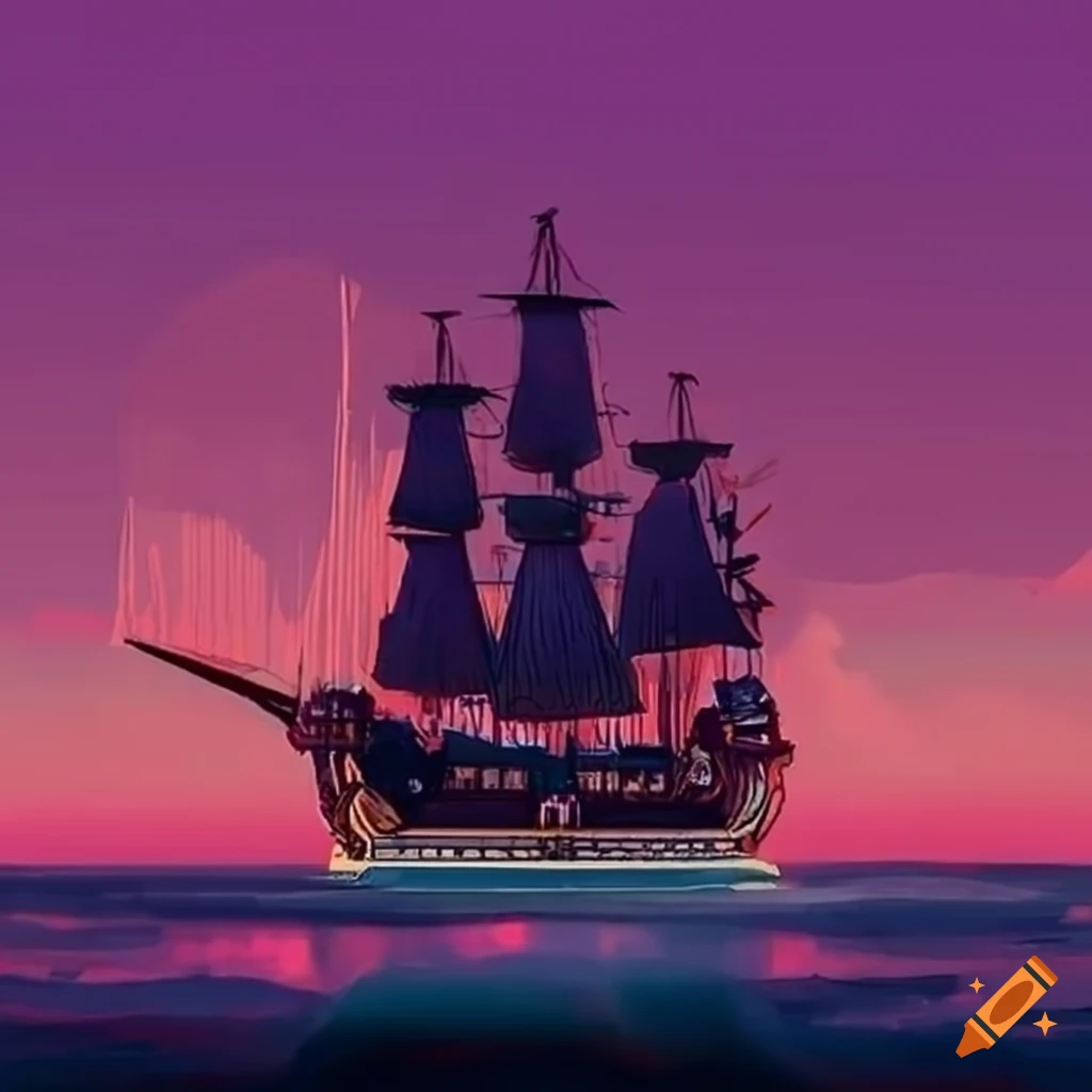 City by the sea with lofi aesthetics and pirate ships