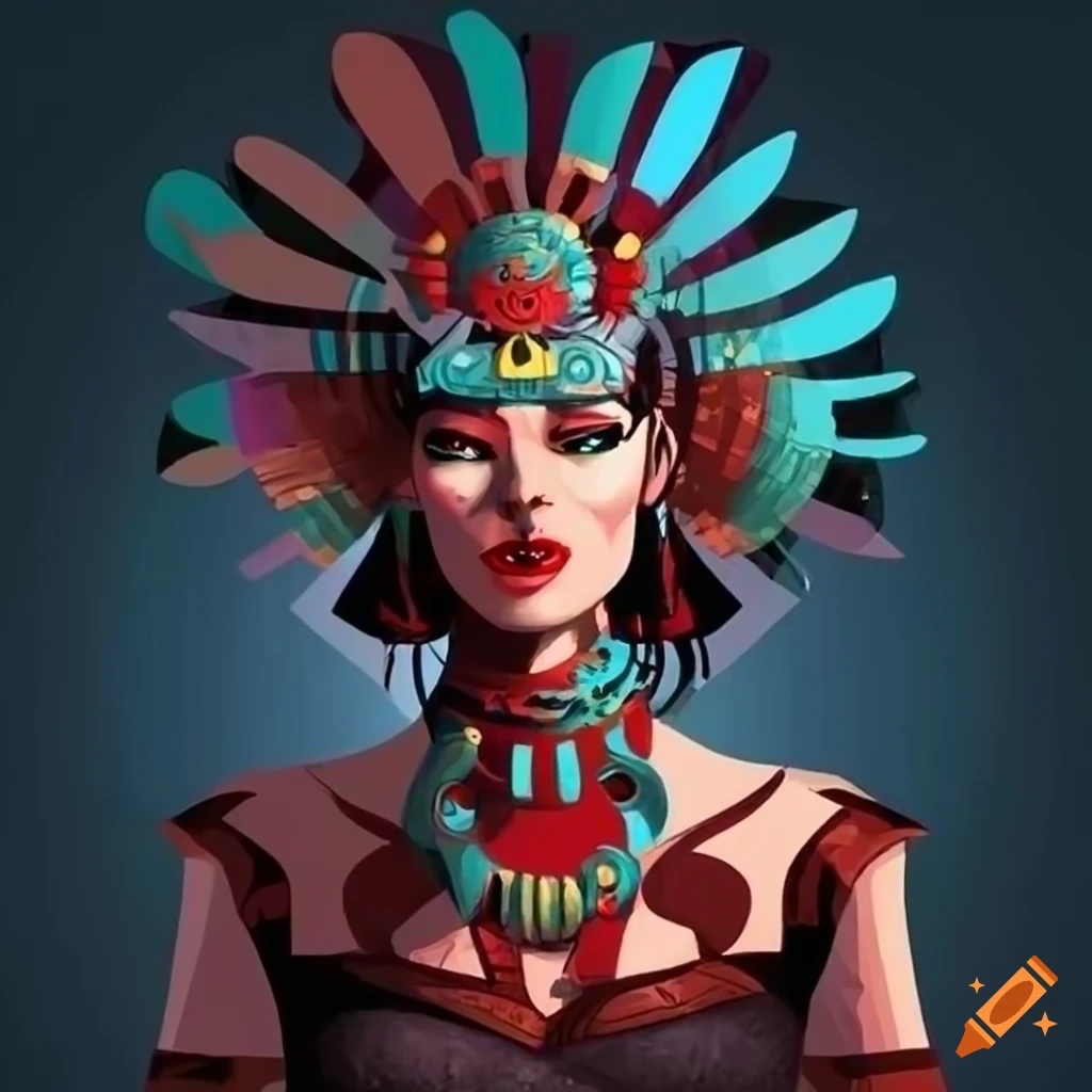 Aztec Blood Witch Queen in a Pixar-style vector ink render