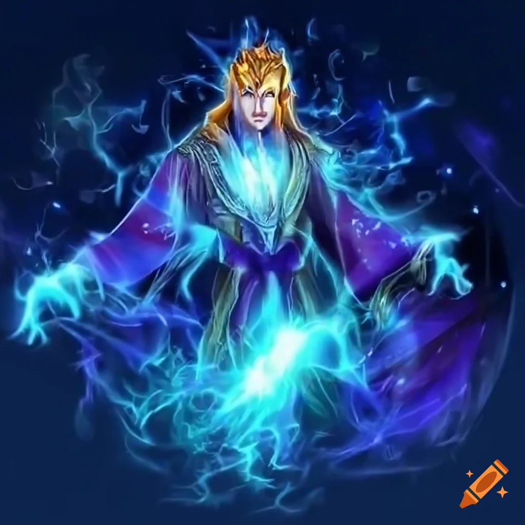 Male elven wizard conjuring various elemental energies in colorful robe