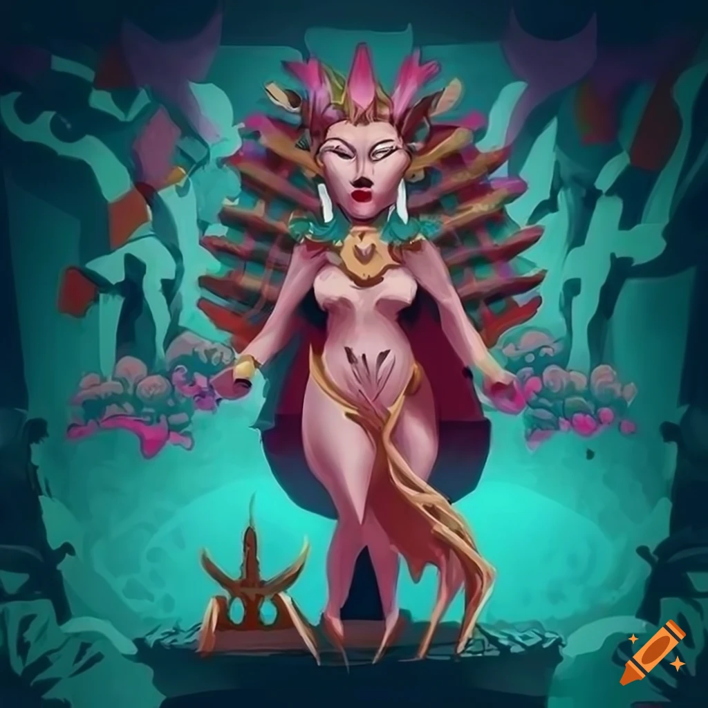 Aztec Shark Priestess in a stylized digital inking with unique influences