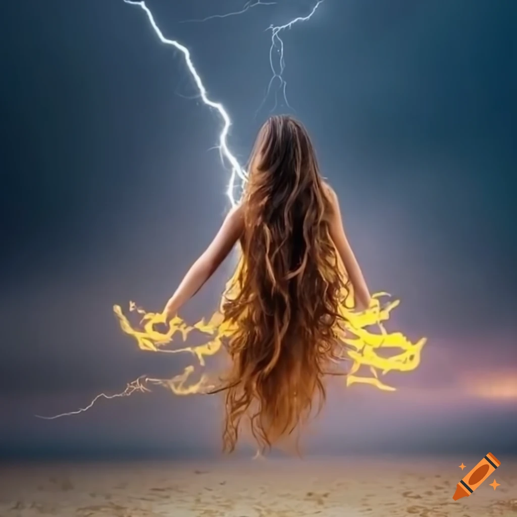 Beautiful woman with long wavy hair floating in a yellow lightning storm
