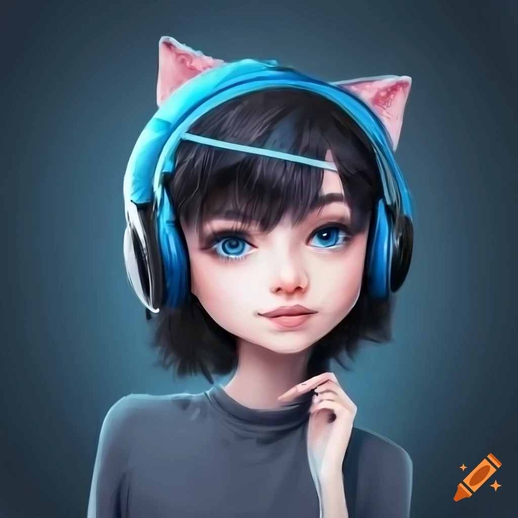 Girl with black hair and blue streaks wearing a headset and cat ears