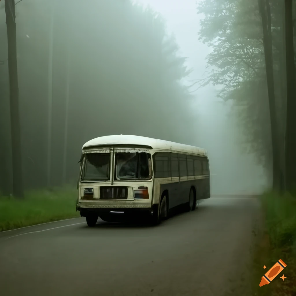 Vintage Benz model 302 bus driving through foggy forest on Page road