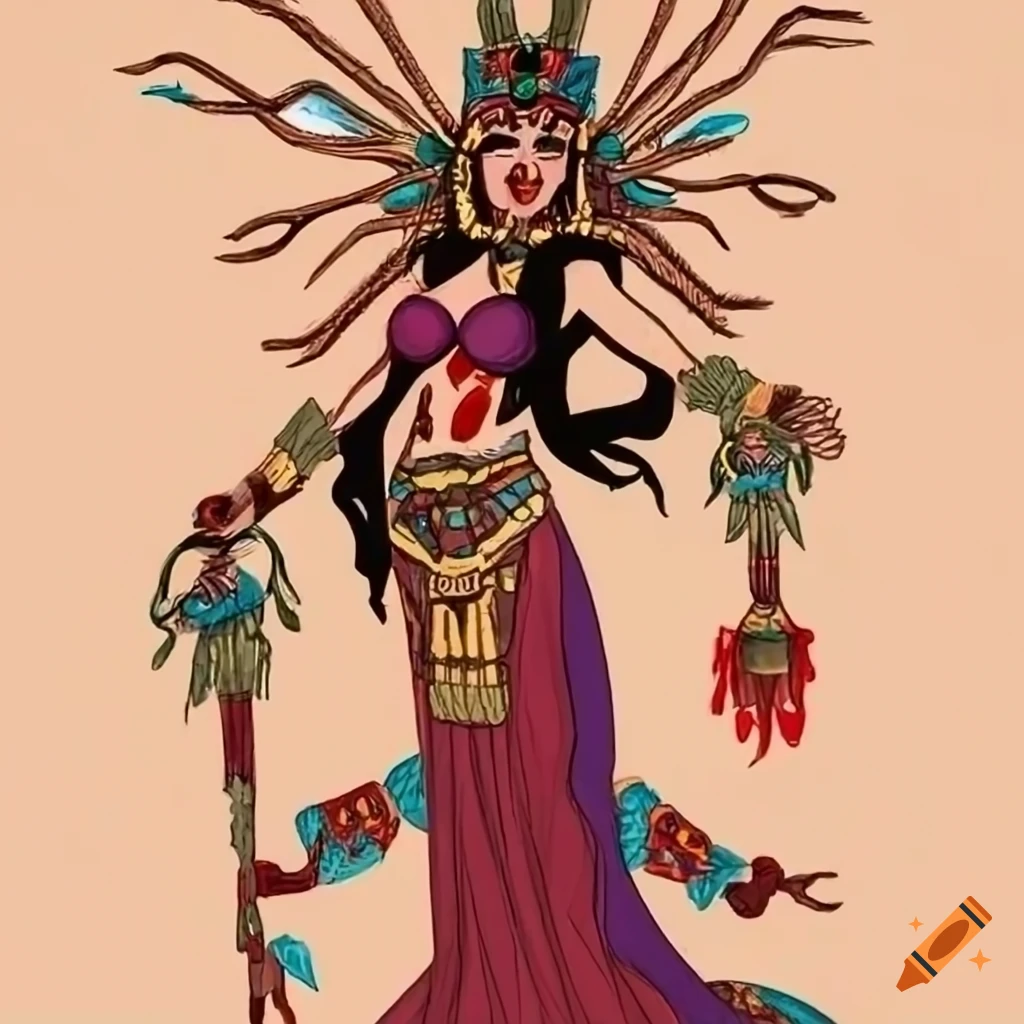 Aztec Blood Witch Queen with Pixar styling in vector ink render