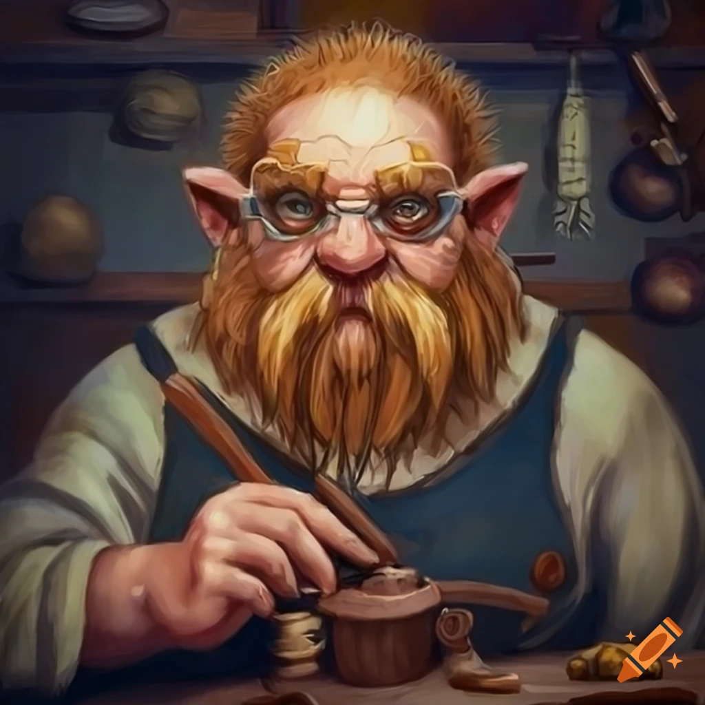 Realistic fantasy portrait of a dwarf artisan with goggles in a workshop