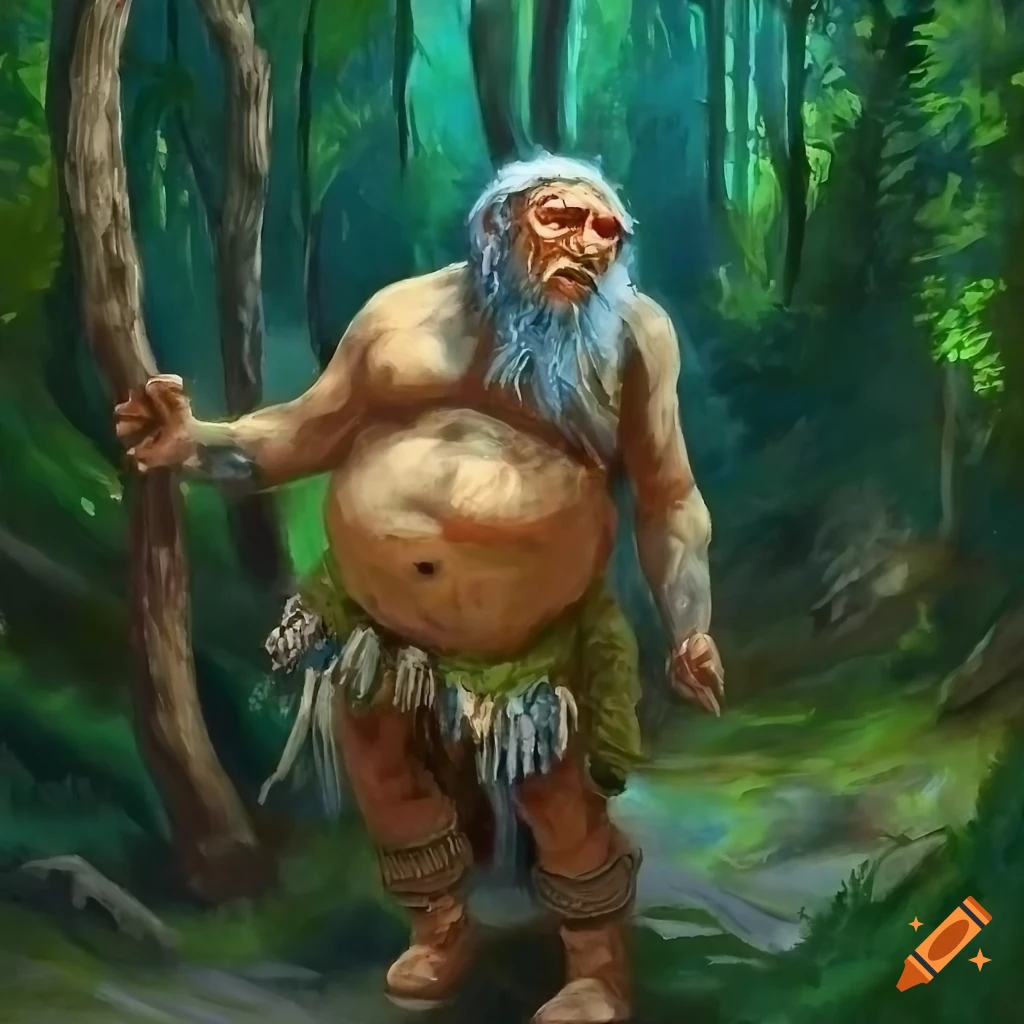 Elderly neanderthal shaman with white beard in magical forest clearing, oil painting