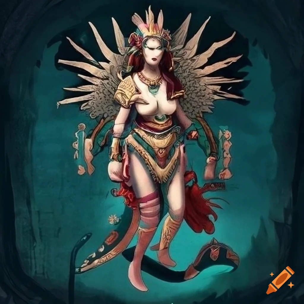 Neobrutalist Aztec Shark Priestess inspired by Ukiyo-e