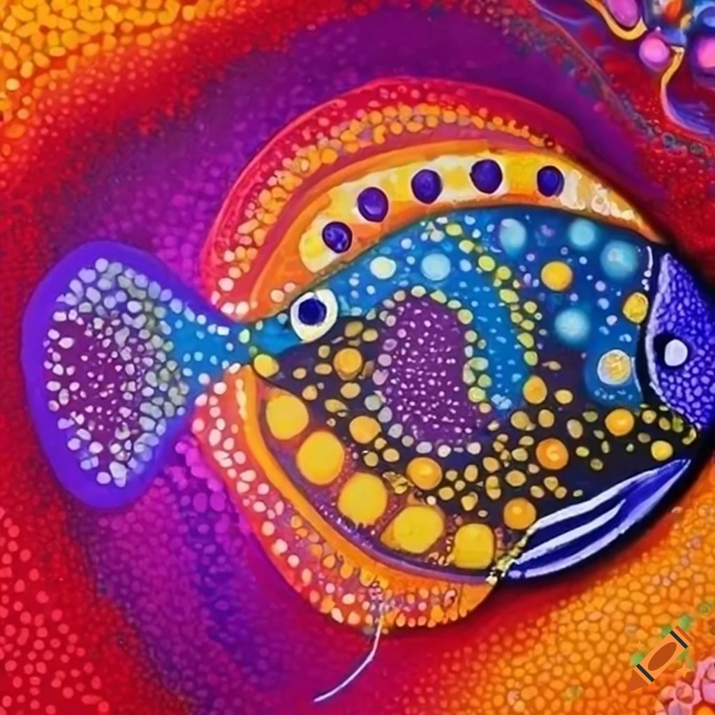 Fish depicted in dot painting style on Craiyon
