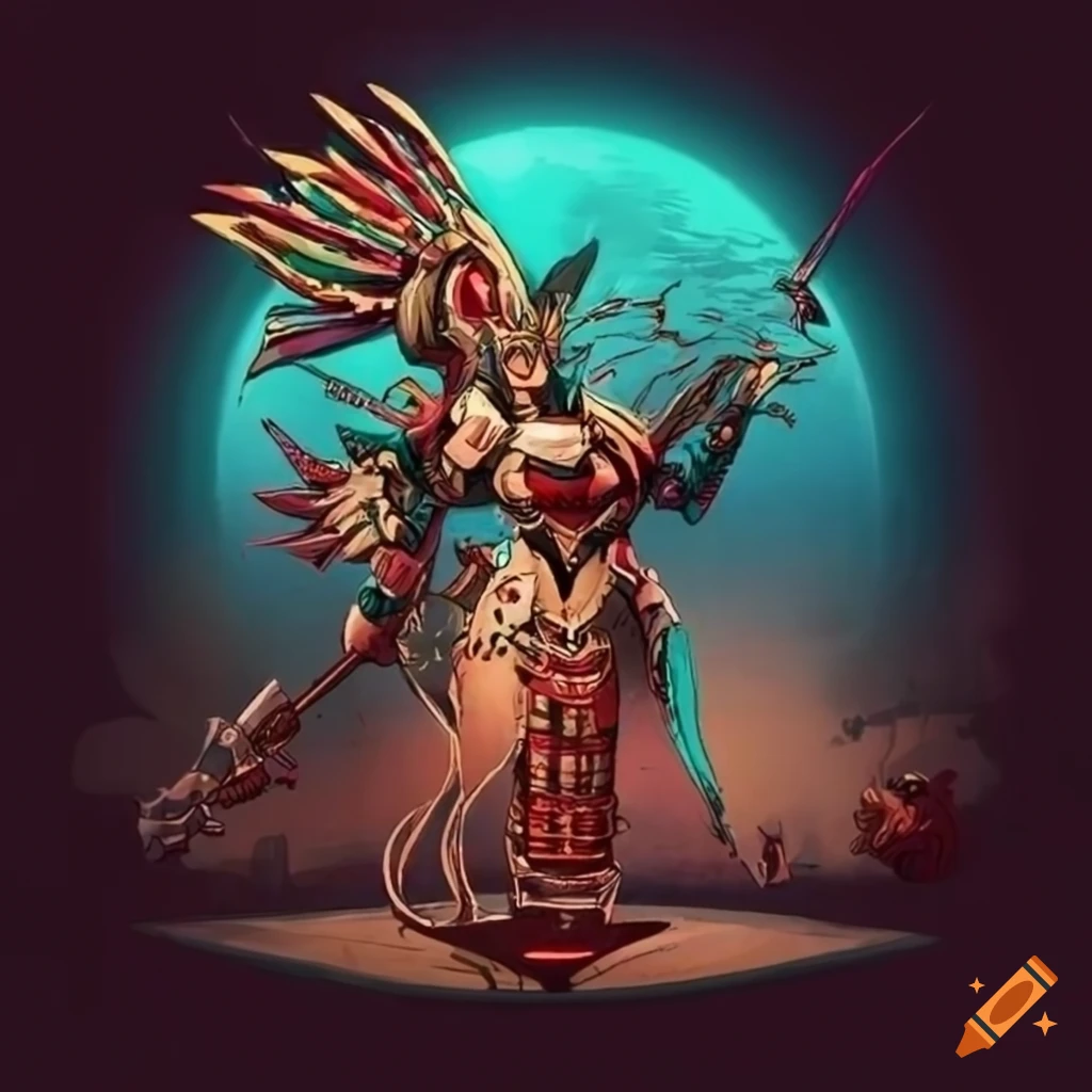 Minimalist Aztec Shark Priestess Mecha inspired by Ukiyo-e