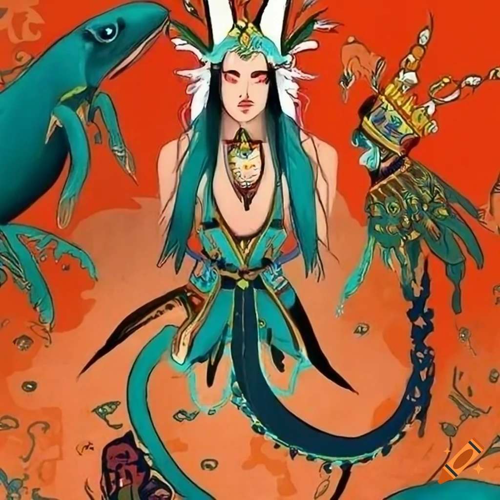 Neobrutalist Aztec Shark Priestess inspired by Ukiyo-e