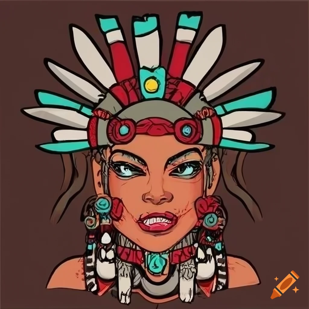 Aztec Blood Witch Queen with Pixar styling in vector ink render