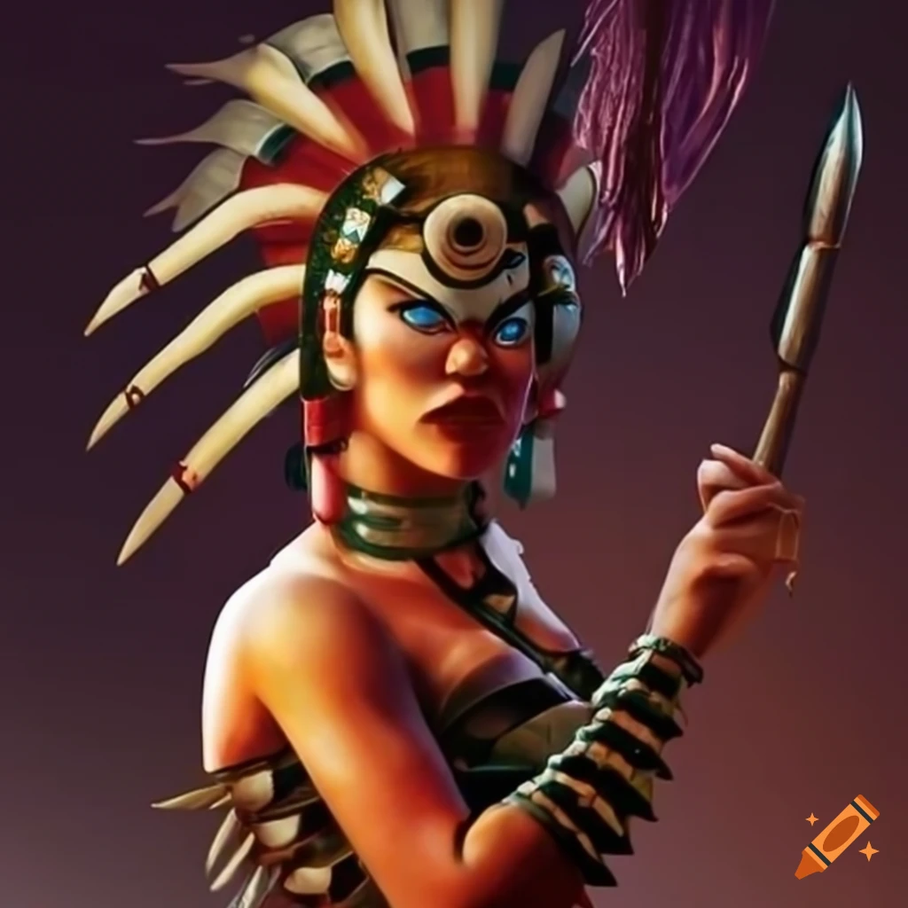 Aztec gladiator witch in Disney style with Bauhaus influences