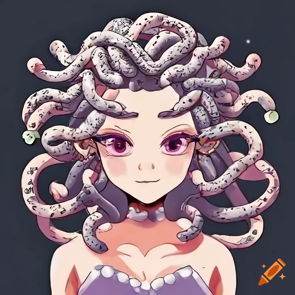 Medusa Head in cute anime art style with rich background and extra details