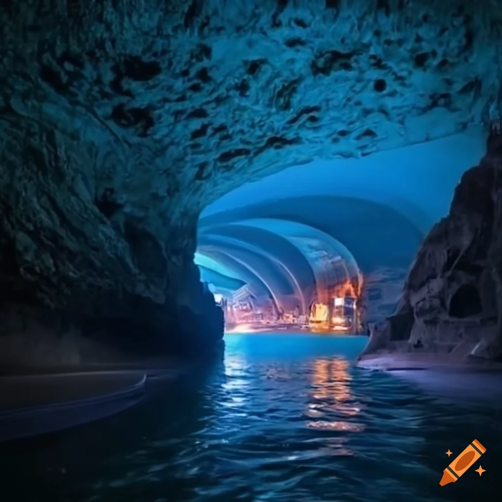 Futuristic underground city with Marina on a subterranean sea in a cave