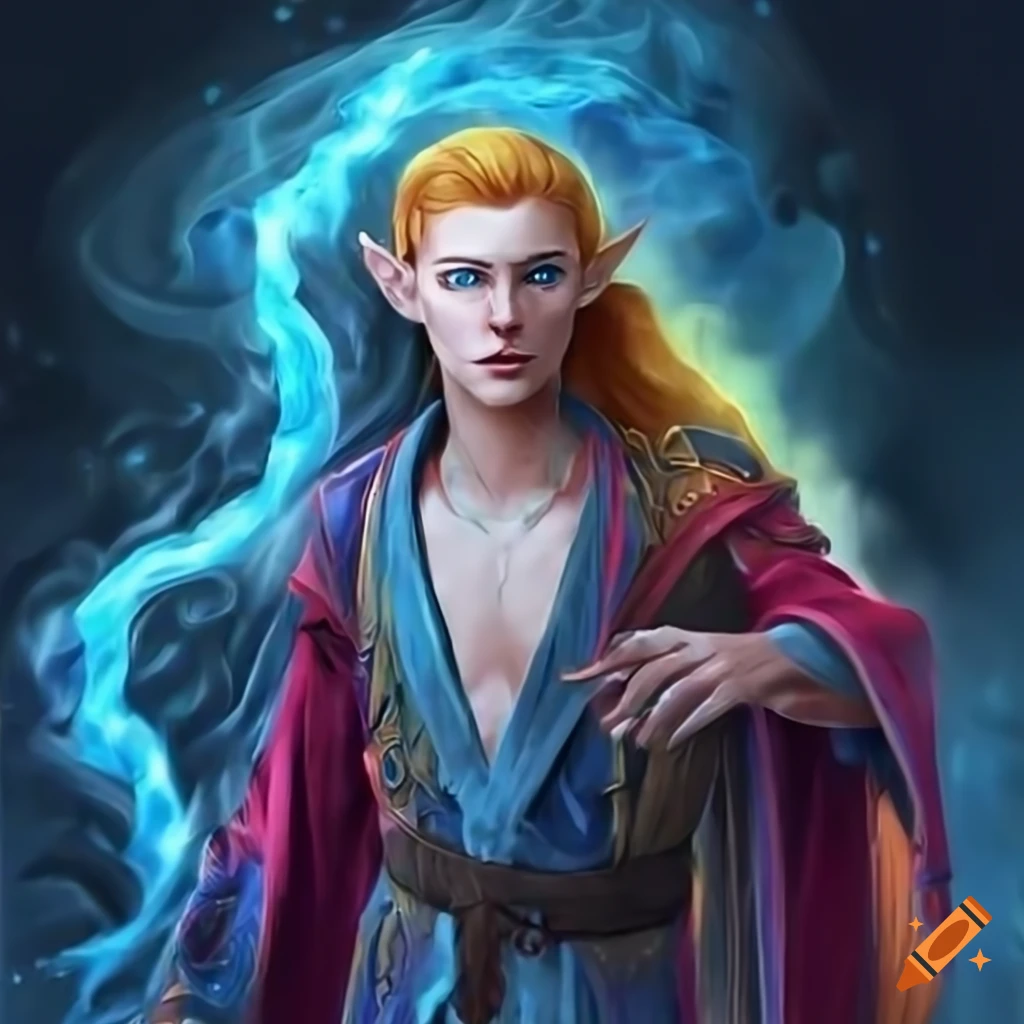 Male elven wizard conjuring a whirlwind of elemental energies