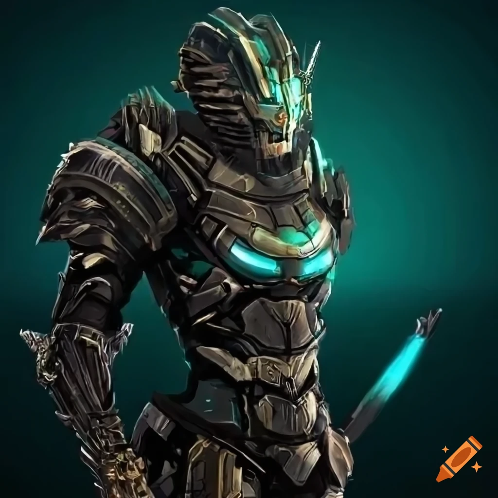 Masculine lion-themed technological armor with forest color scheme