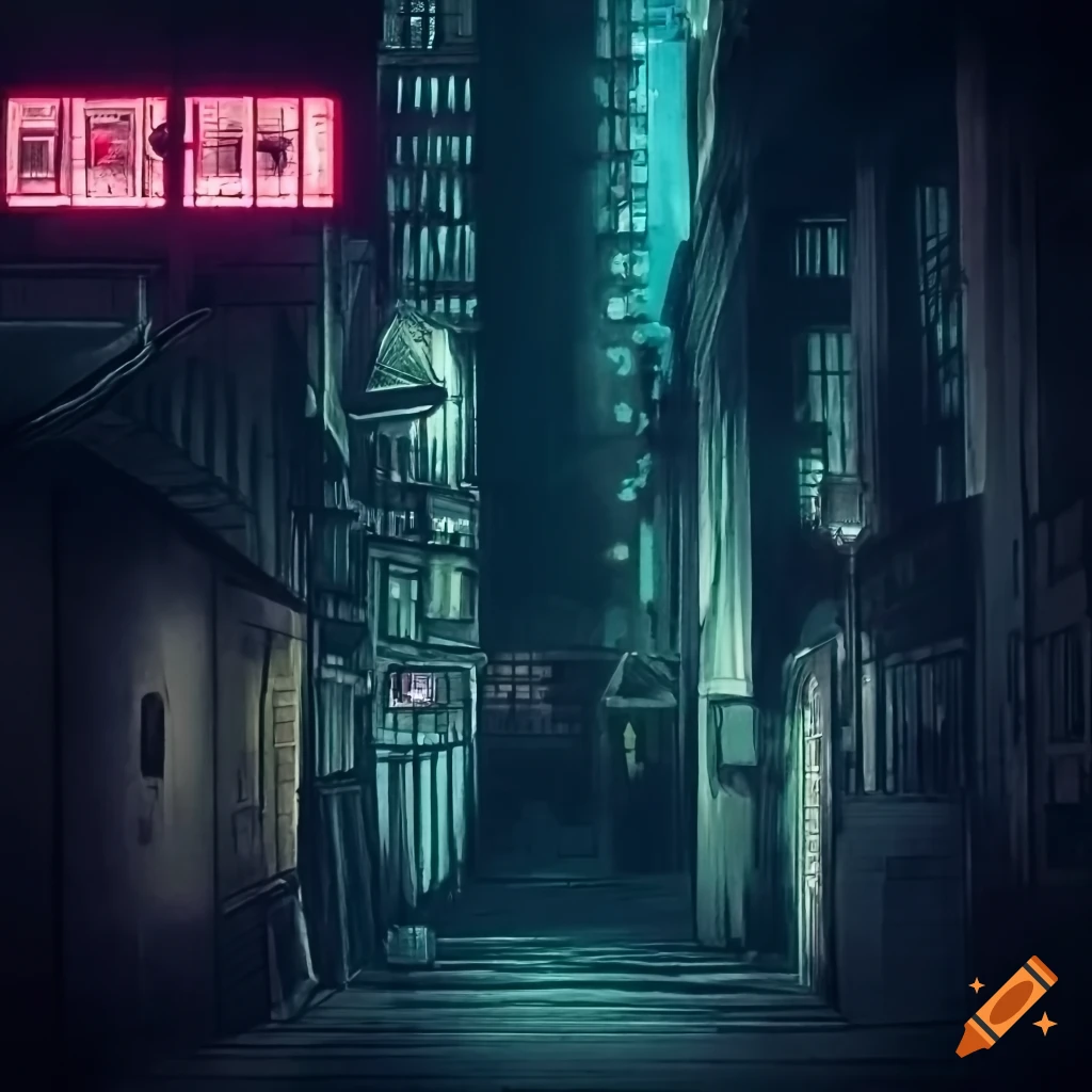 Urban jungle at night with neon lights and tall buildings