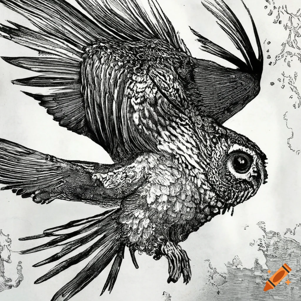 Etching of an owl in flight inspired by Albrecht Durer
