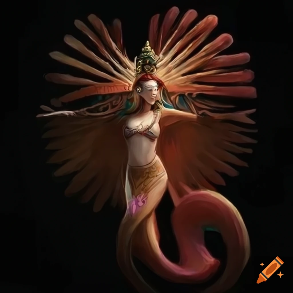 Aztec Siren Queen inspired by Ukiyo-e in oil painting style