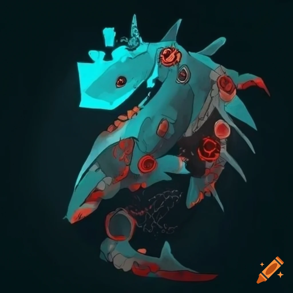 Minimalism Aztec Shark Priestess Mecha inspired by Ukiyo-e