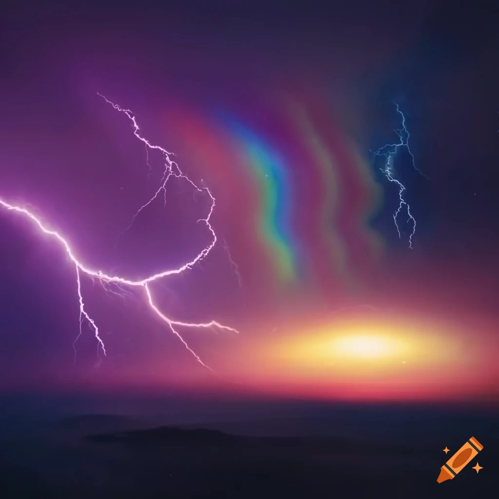 Rainbow spectrum lightning storm in outer space at night