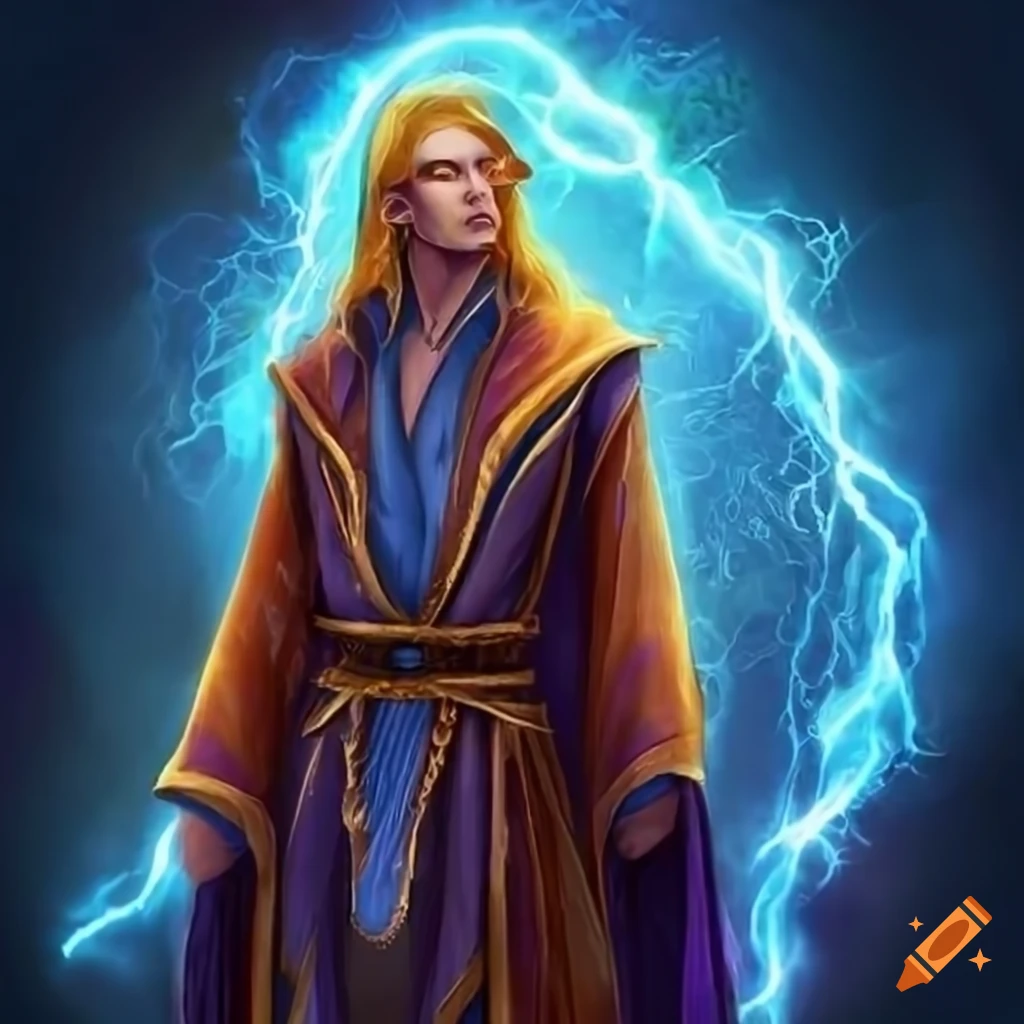 Male elven wizard conjuring a whirlwind of elemental energies