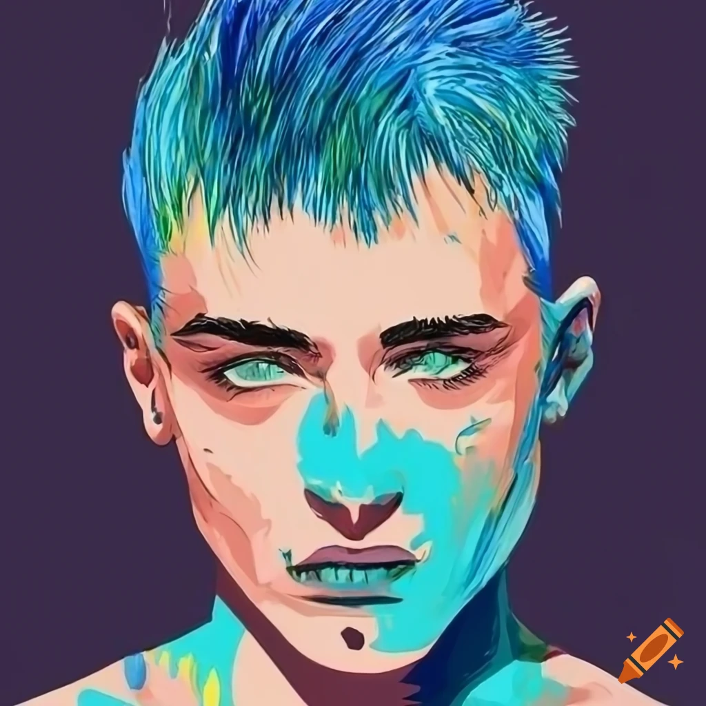 Athletic man with blue-dyed spiky hair and green eyes